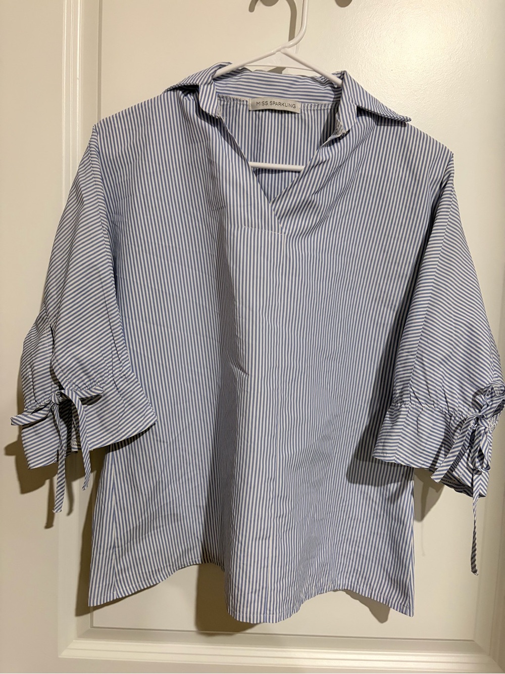 Miss Sparkling Blue & White Pinstripe V-Neck Blouse